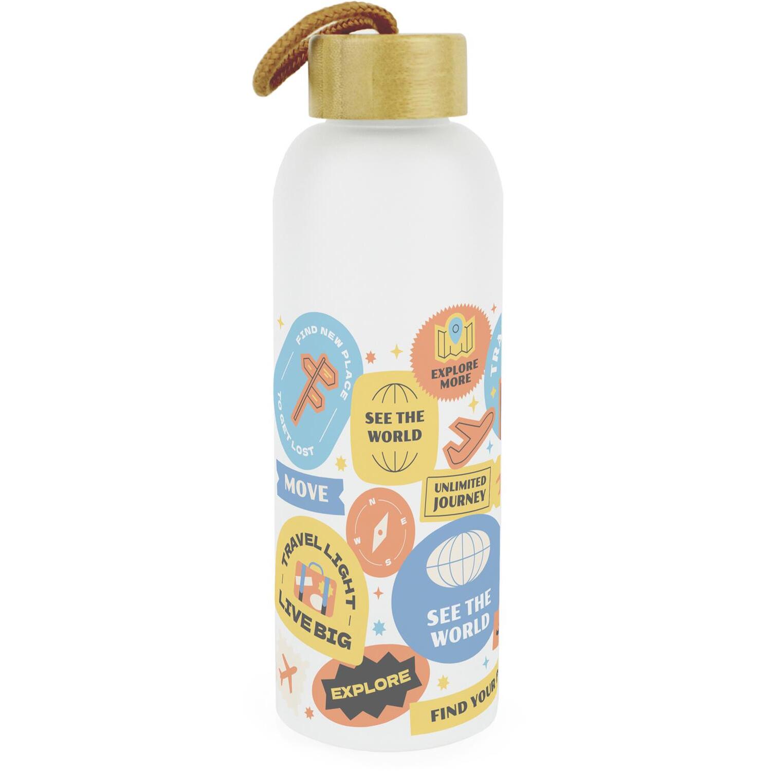 B&Q -  Travel Stickers Glass Water Bottle With Bamboo Lid - Image 3