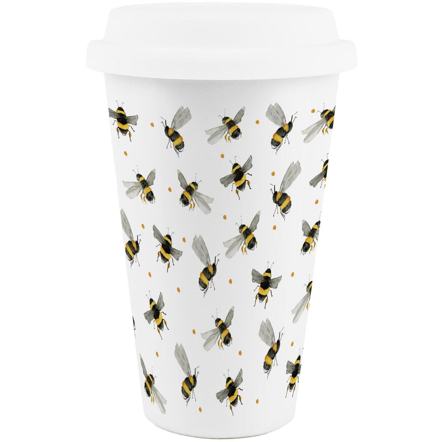 B&Q -  Bumblebee Ceramic Travel MugScattered Bees Gifts/presentsSilicone Lid Double-Walled Insulated Drinks Flask Cup - Image 3