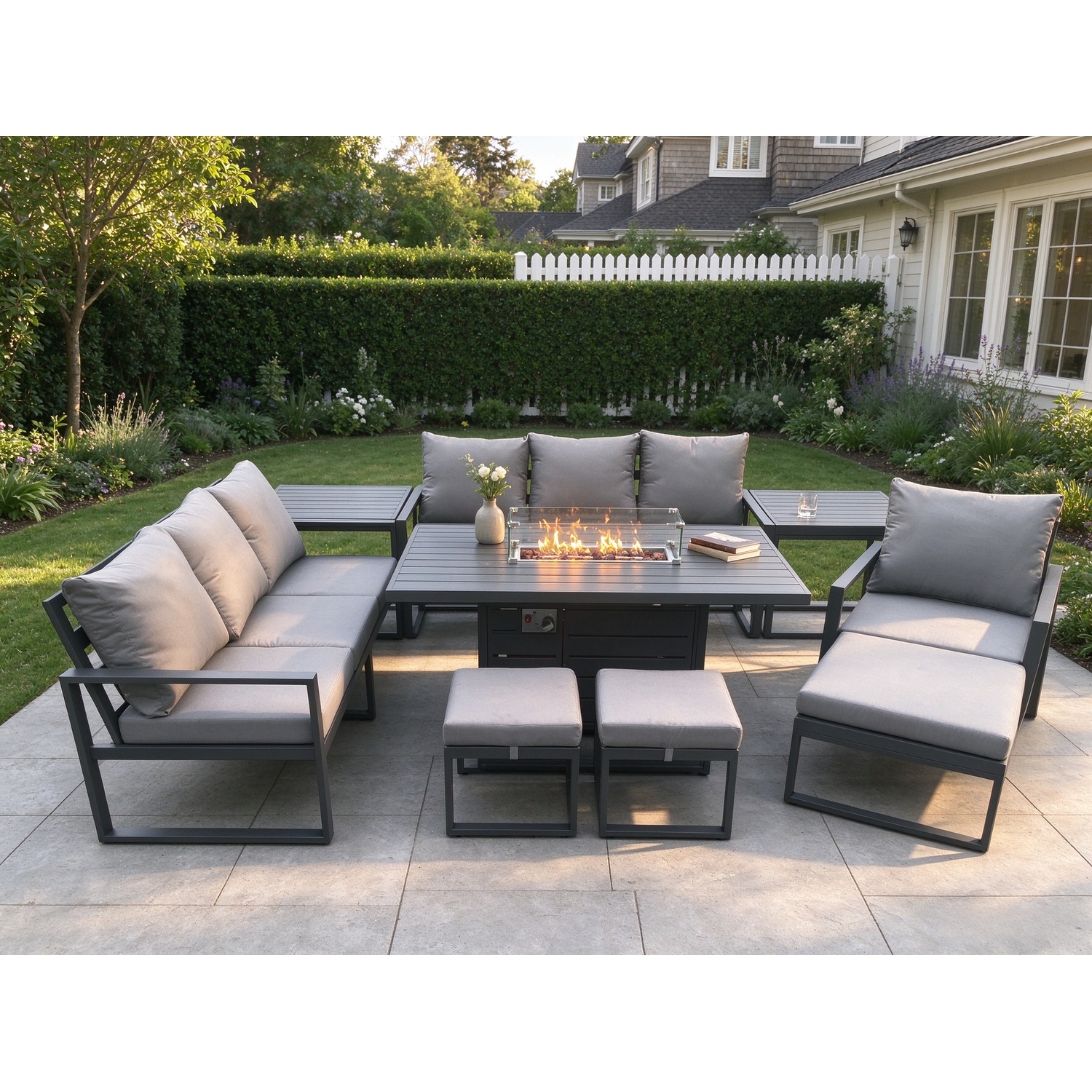 Fimous Unisex Dark Grey Aluminium Pieces Garden Furniture Sofa Set With Cushions 10 Seater Gas Fire Pit Dining Table Set With 2 Side Tables 3 Footstools In Size 9 - Image 2