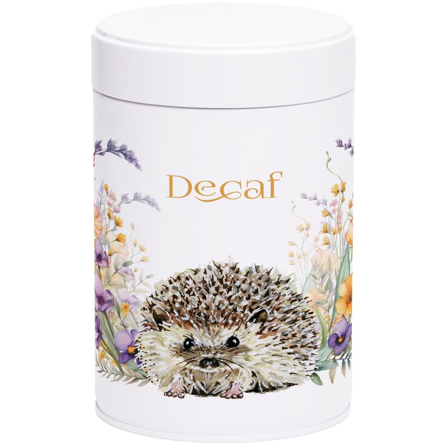 Floral Hedgehog Decaf Canister - Metal Screw Top Kitchen Storage Tin - Image 2