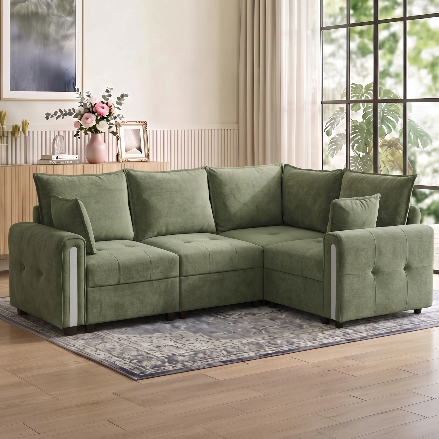 Homcom Dark/Green 228Cm L Shaped Sofa 3-Seater Sectional Sofa With Storage - Image 2