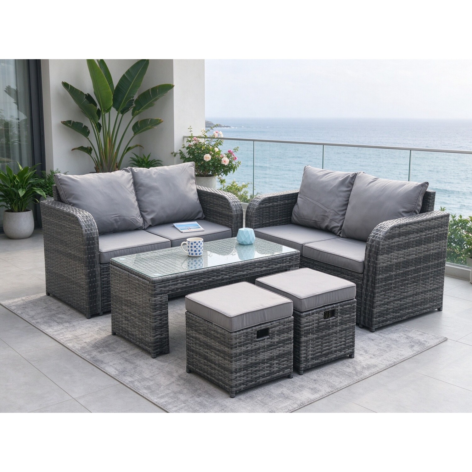 Rackhams Dark/Grey Pe Wicker Rattan Garden Furniture Set Love Sofa 2 Seater Sofa Set Outdoor Rectangular Coffee Table 6 Seater - Image 2