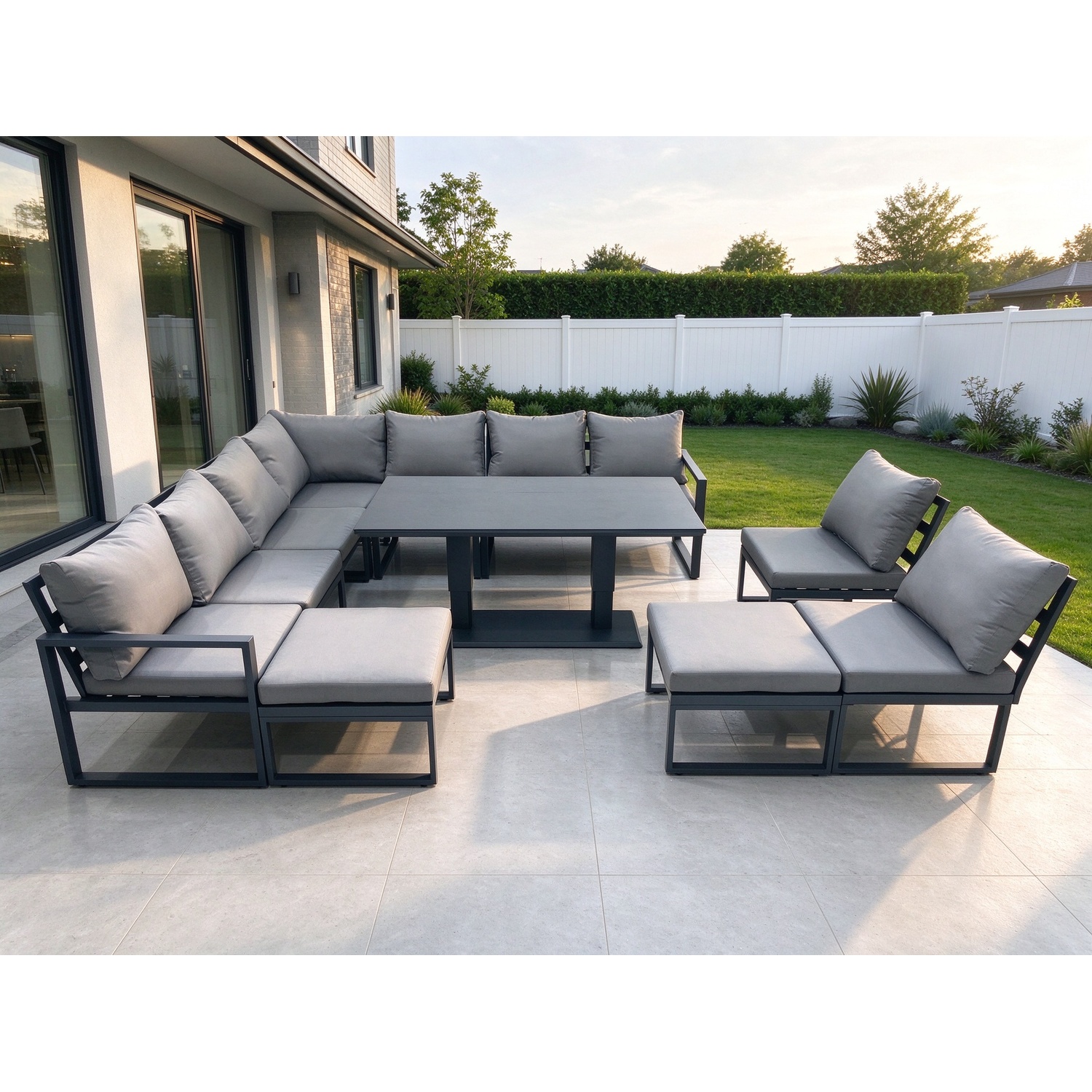 B&Q - 11 Seater Outdoor Aluminum Garden Furniture Set Corner Sofa 2 Big Footstools Rising Lifting Dining Table Sets Dark Grey - Image 3