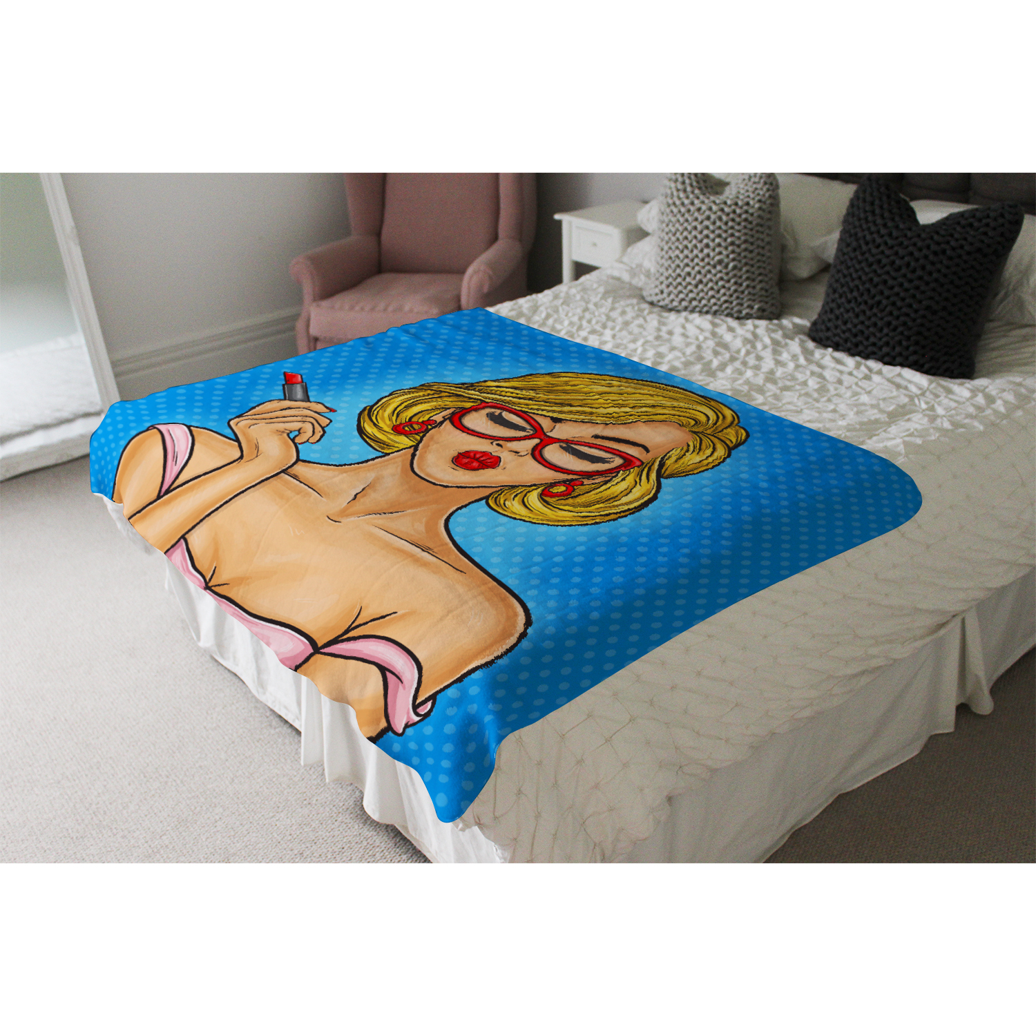 Pop Art Illustration Woman Paints Her Lips Blanket - Blue