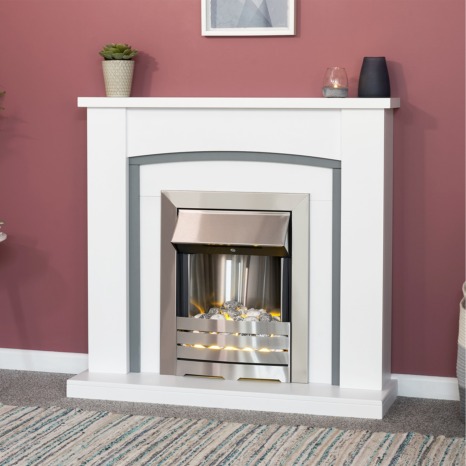 Adam Chilton in White with Helios Electric Fire in Brushed Steel, 39 Inch