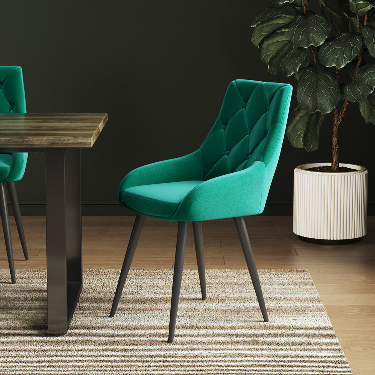 Velvet Upholstered Buttoned Back Dining Chairs Set Of 2 - Dark Green