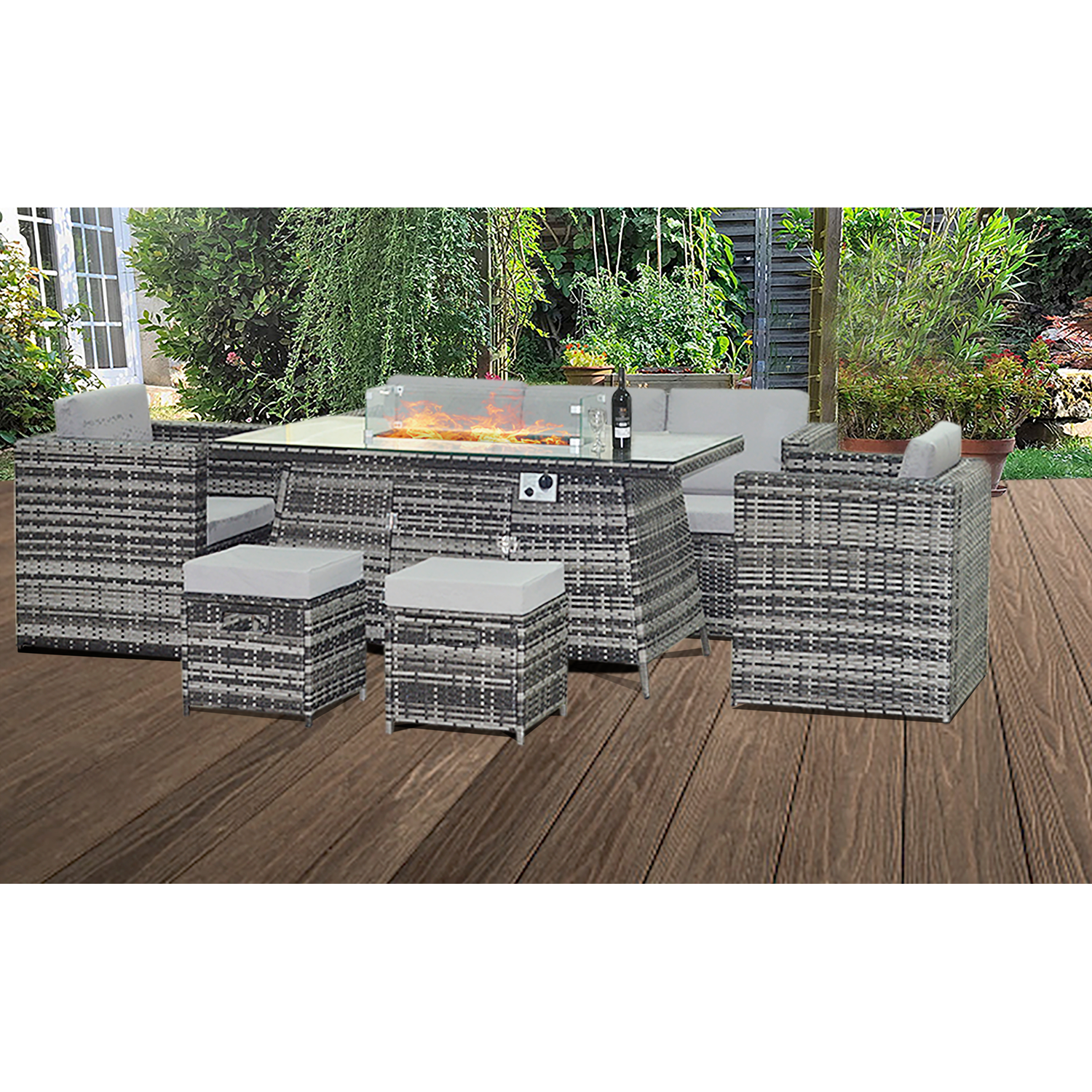 Home Treats - Rattan Garden Furniture Set with Fire Pit Table - Grey thumbnail