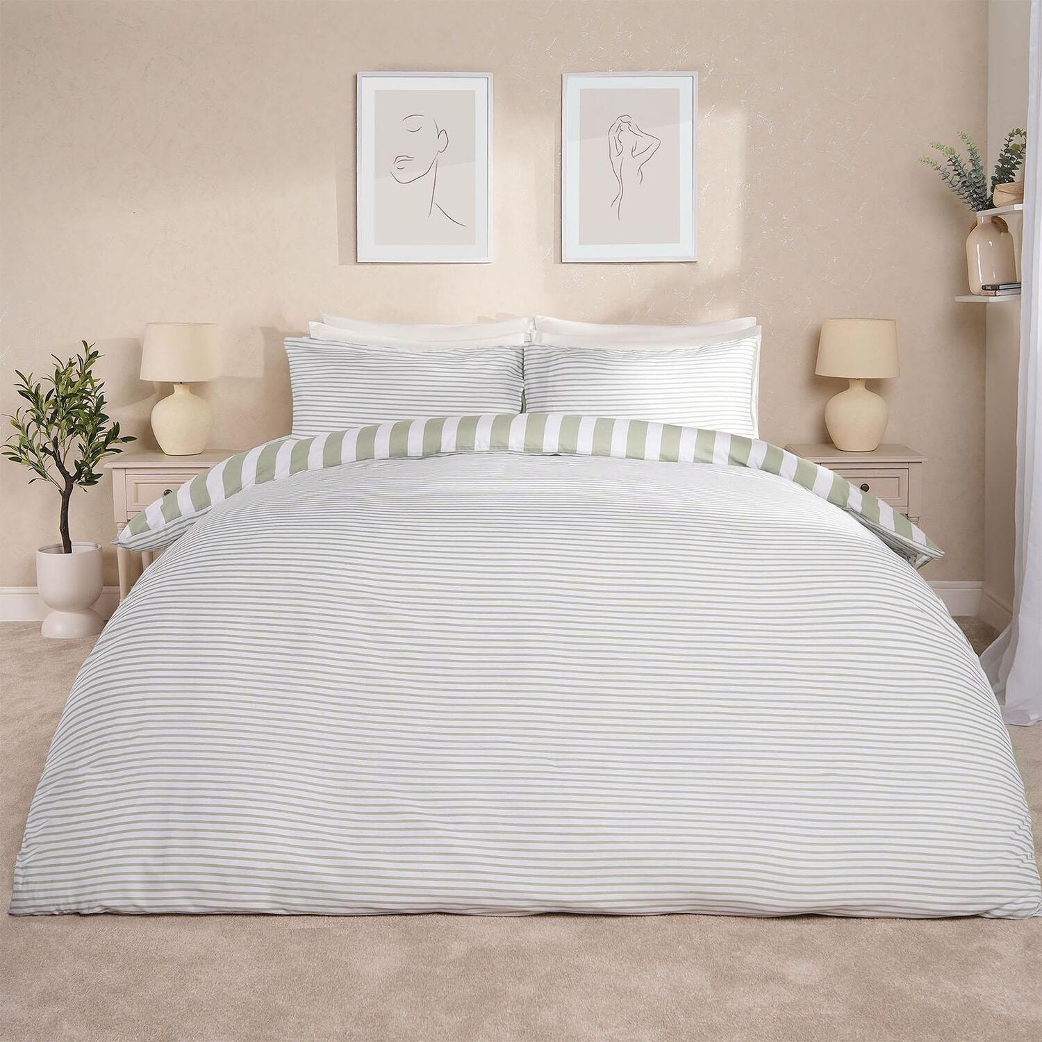 Stripe Line Reversible Duvet Cover - Sage King