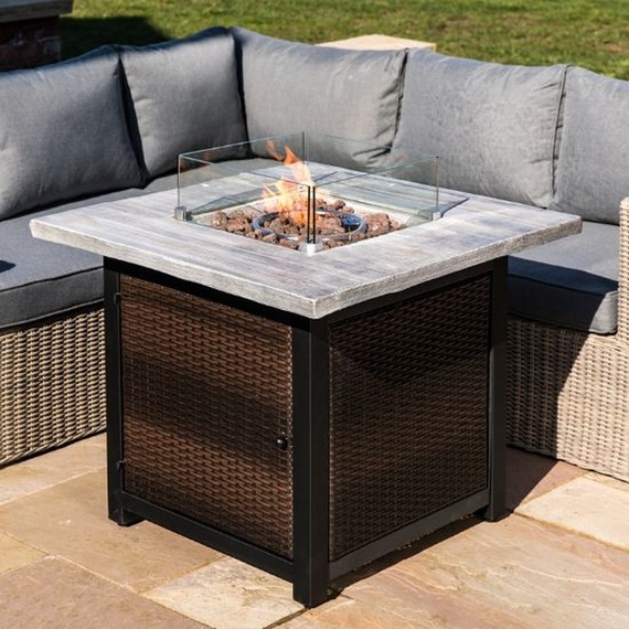 Large Outdoor Square Gas Fire Pit Table with Glass Surround and Lava Rocks