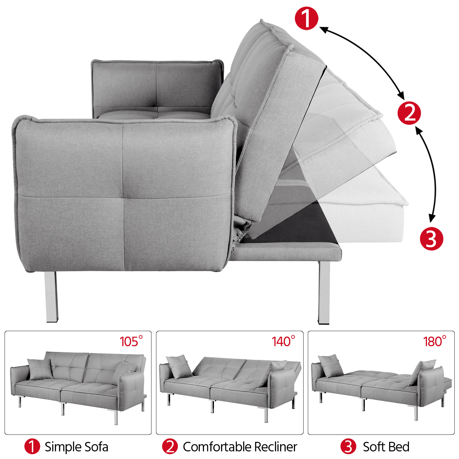 Yaheetech Convertible Sofa With 2 Pillows - Light Grey