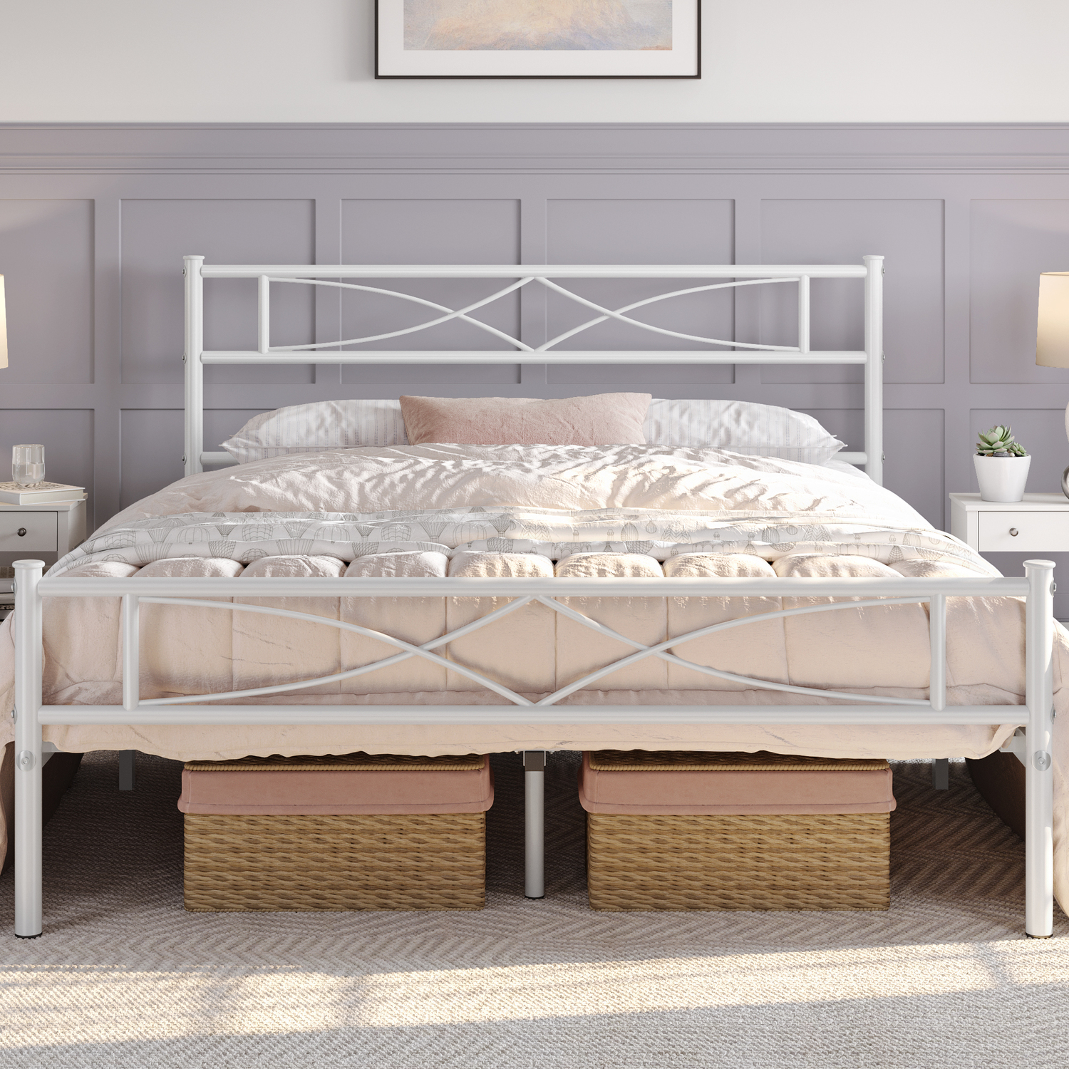 Metal Bed Frame With Curved Design - White King