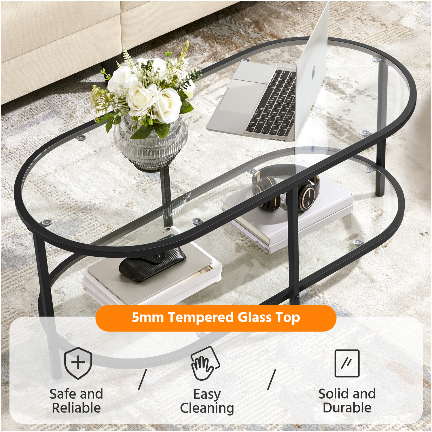 Yaheetech Modern Clear Glass Oval Coffee Table - Black