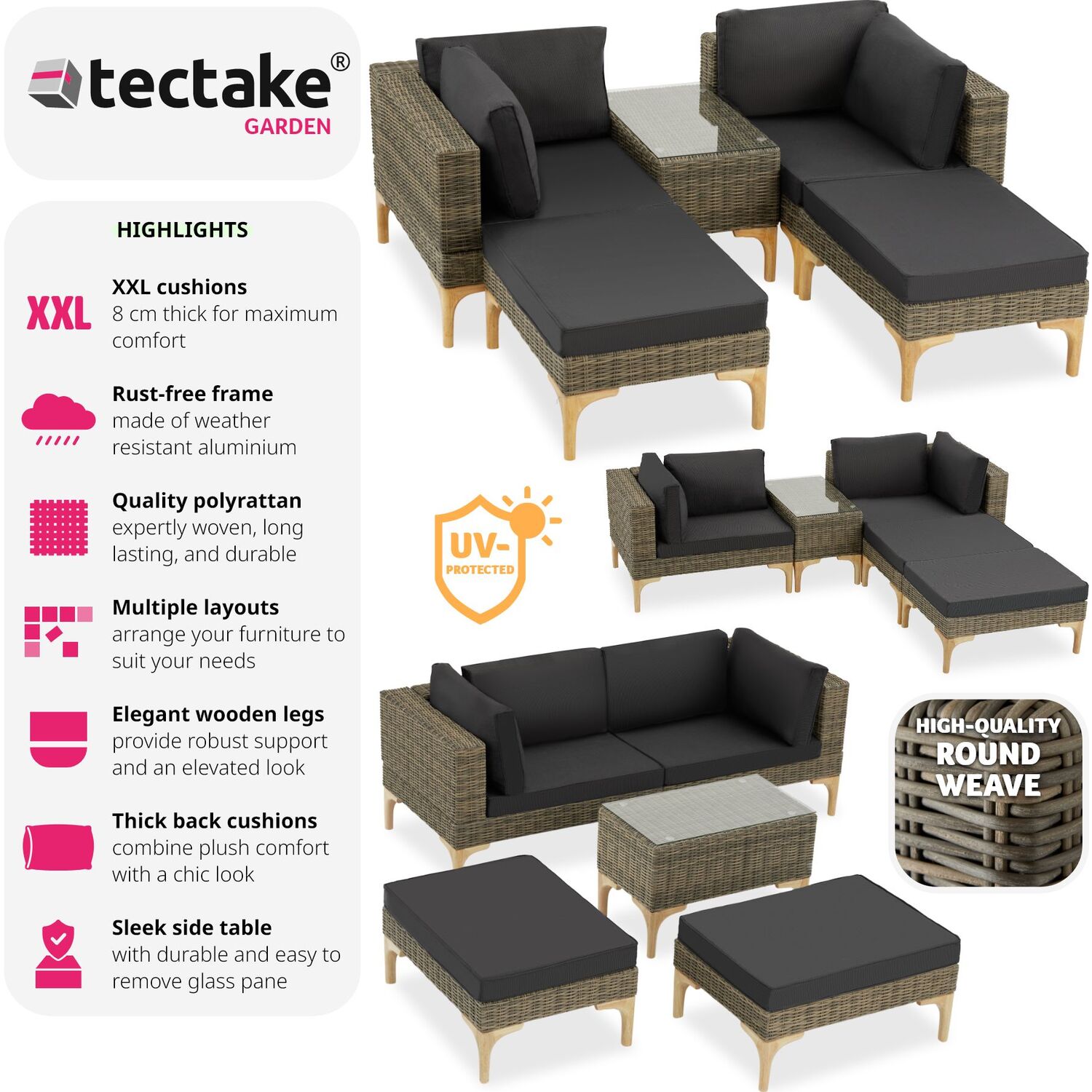 Rattan Lounge Set Bellaria 2 Chairs 2 Stools 1 Side Table - Brown