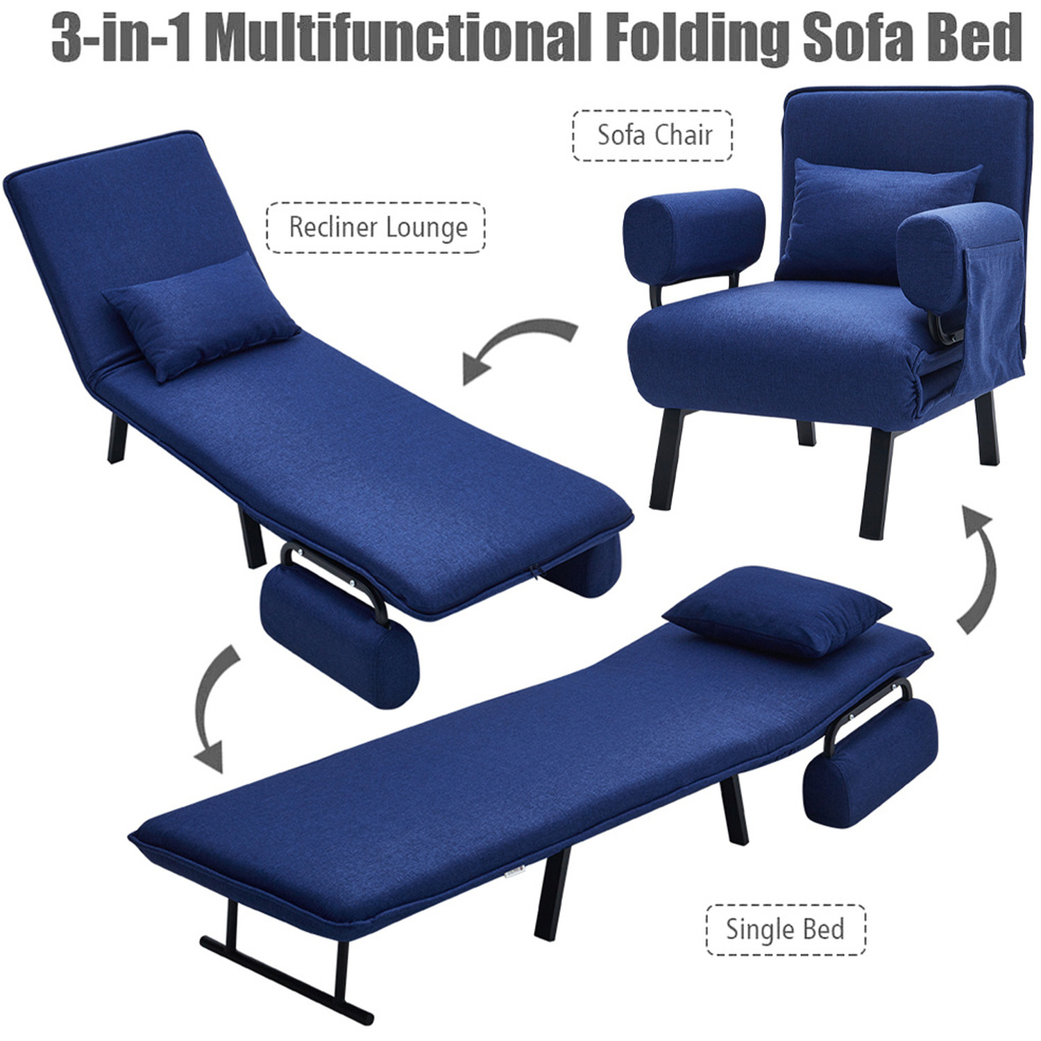 3-in-1 Lounge Chair Sofa Bed With Pillow - Blue