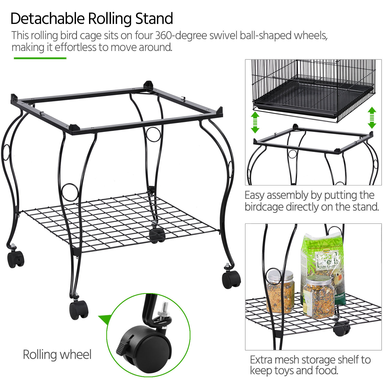 View of Rolling Parrot Cage with Open Top Detachable Stand
