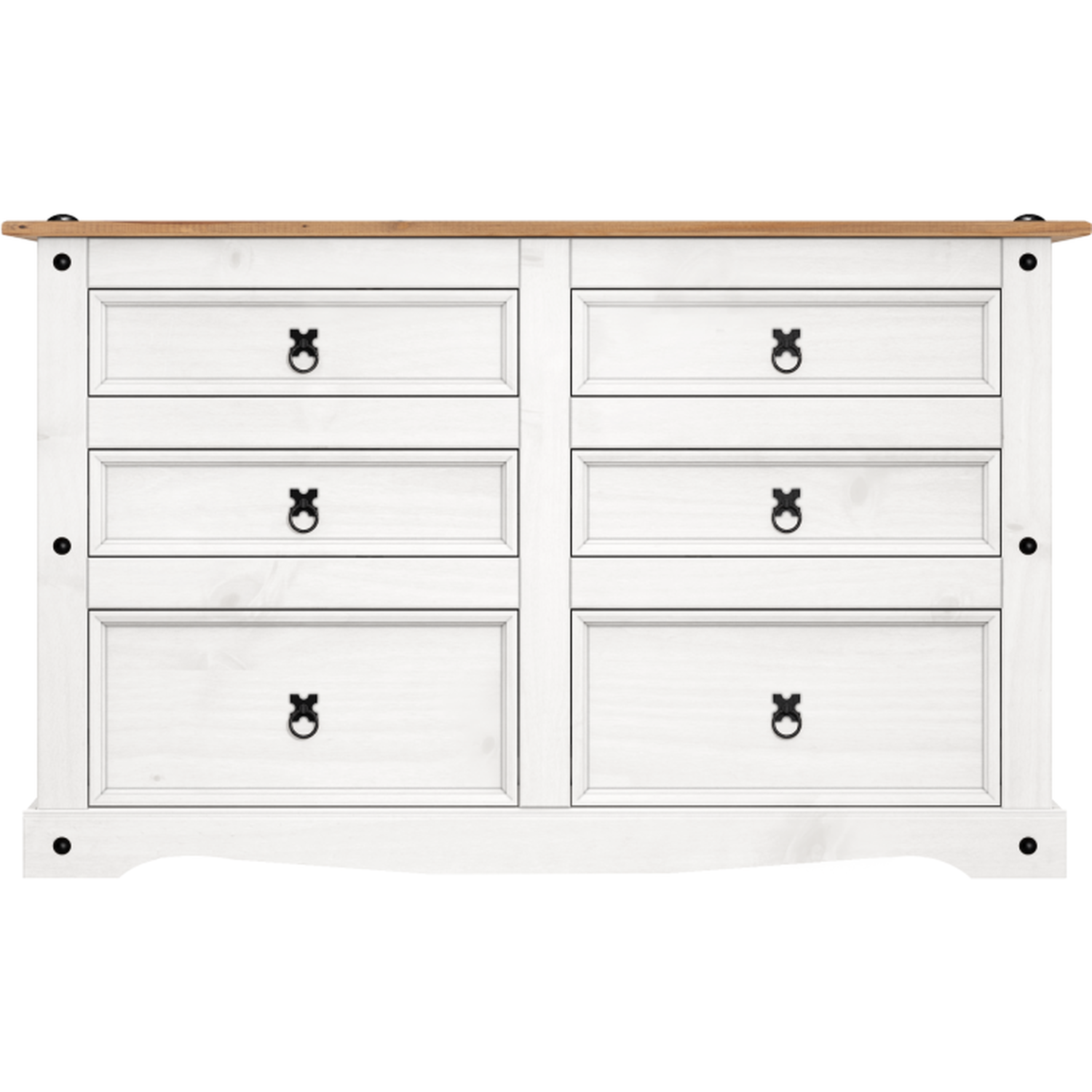 Corona Low 3 Plus 3 Wide Chest Of Drawers 6 Drawer Chest Solid Wood Pine Wooden - Distressed White Wax