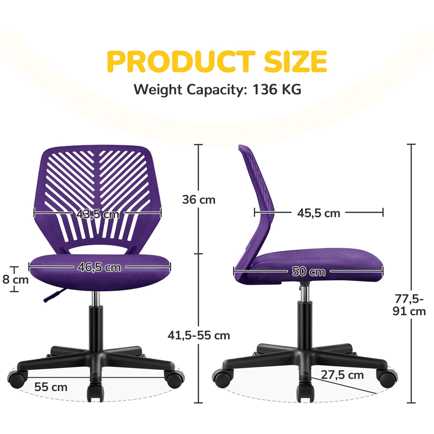 Armless Adjustable Office Chair - Purple