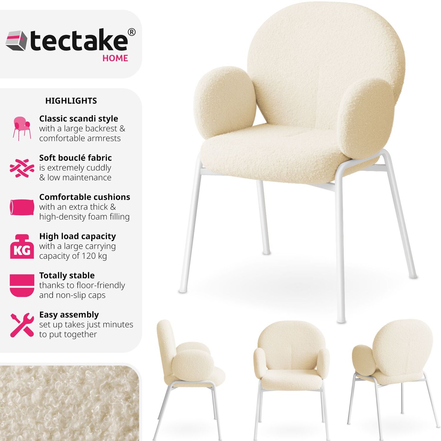 Dining Chair Scandi - Padded Boucle Cover High Backrest - Cream 90cm 1