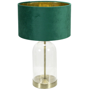Jessy Glass Gold Trim Table Lamp Forest Green Velvet Gold Inner Shade and Bulb