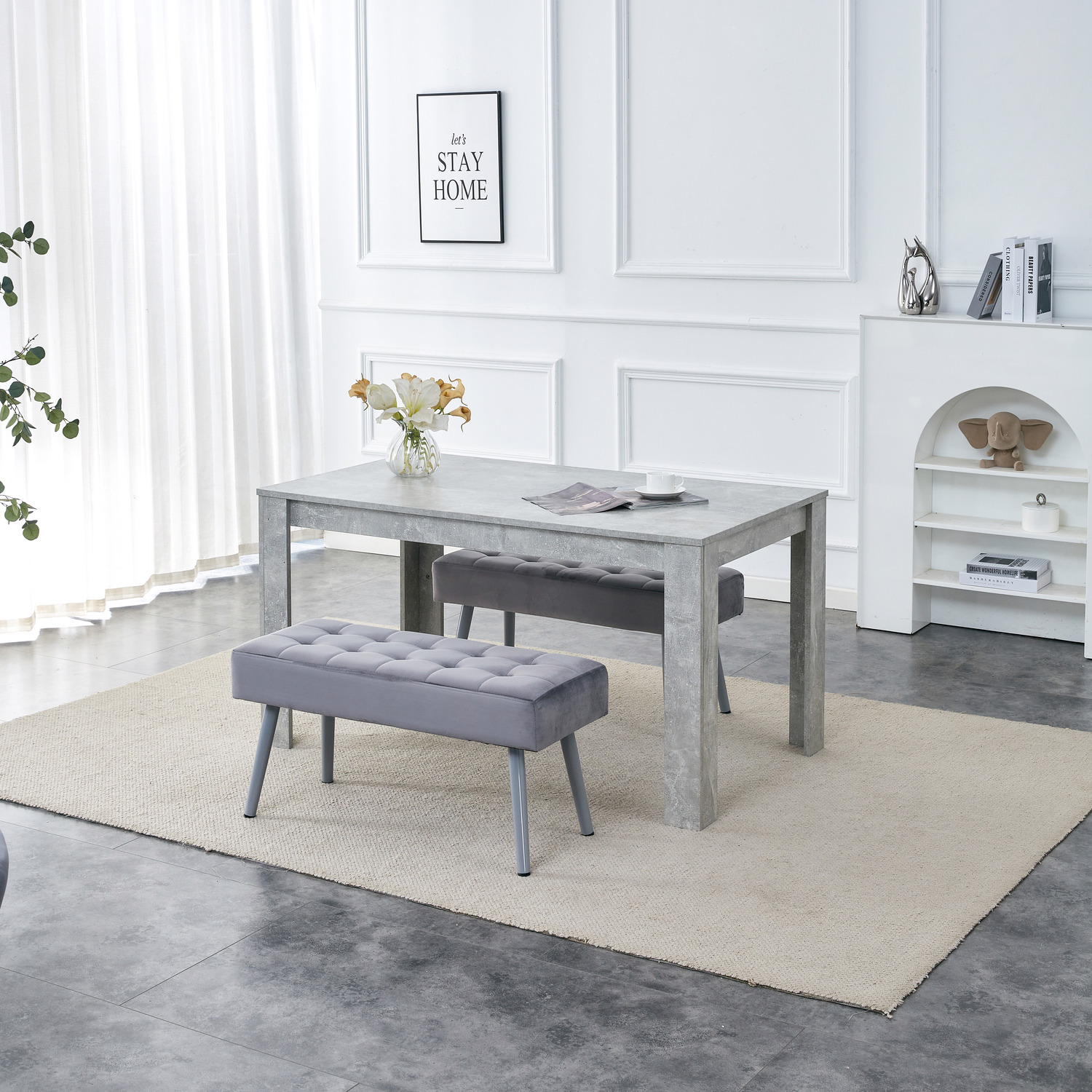 Stone Grey Effect Table With Benches Dining Set - Grey 77cm
