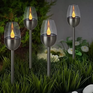 Set of 4 Solar Powered Flame Effect Stake Lights
