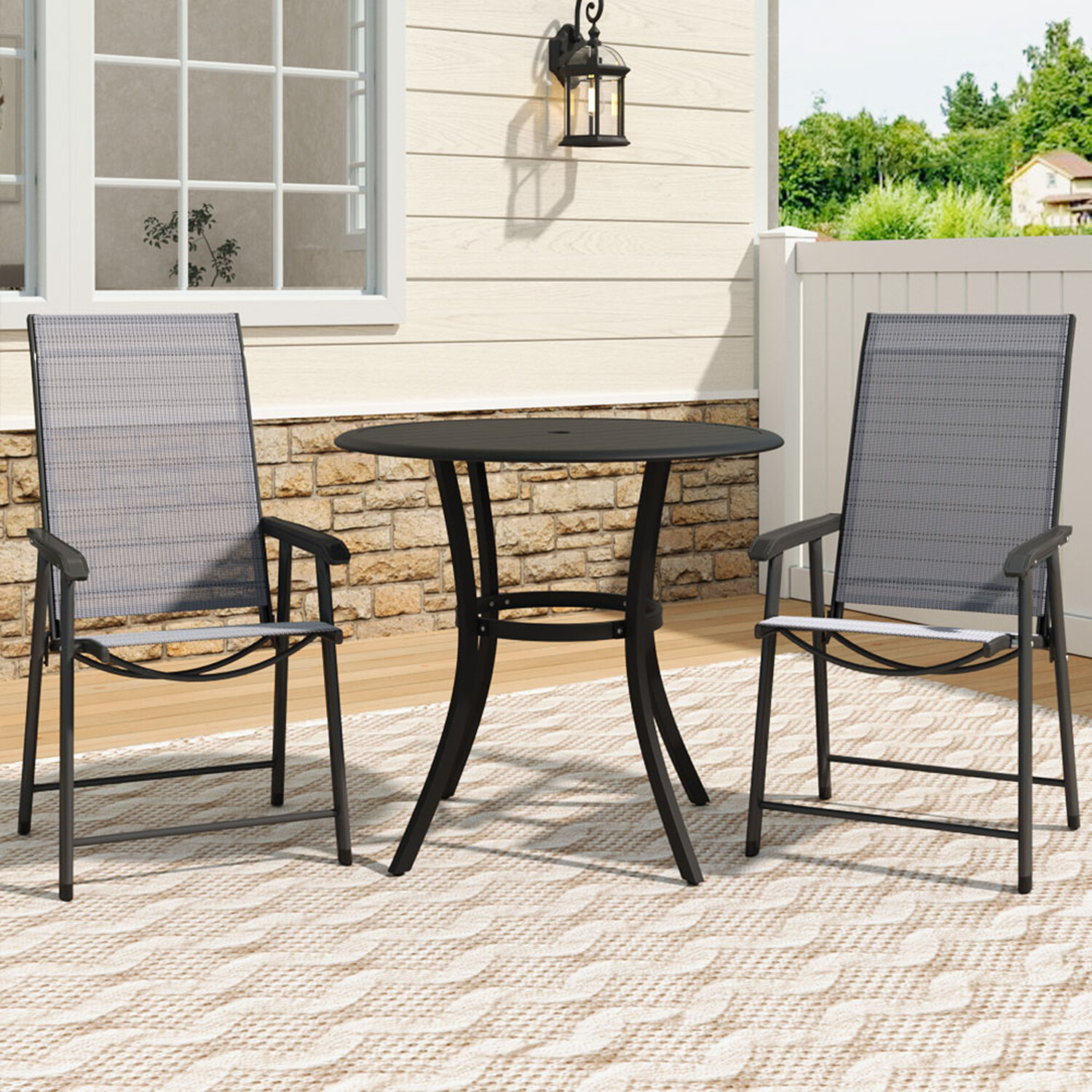 Metal Bistro Set Slatted Garden Table With 2 Foldable Chairs - Dark Grey 1 Round Table And 2 Chairs