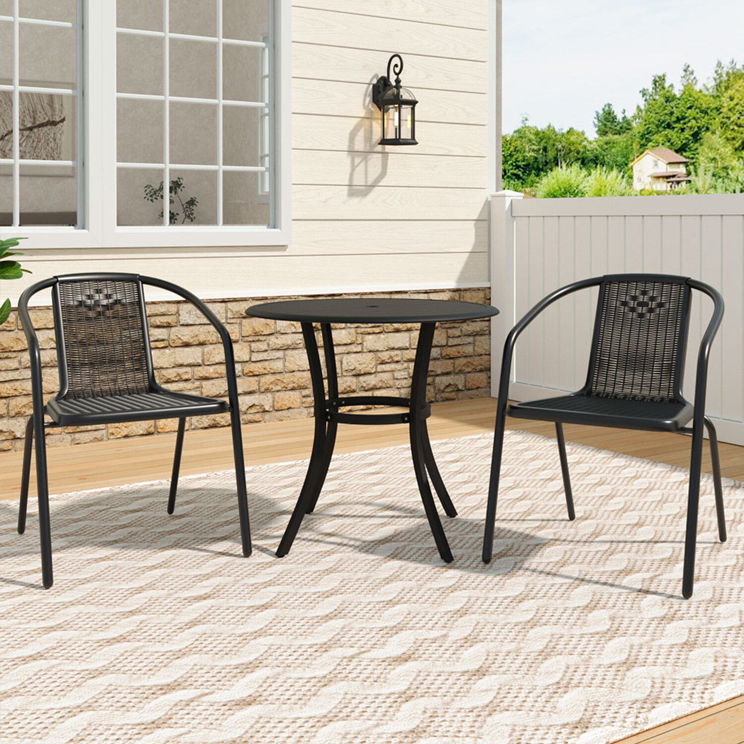 Metal Bistro Set Garden Slatted Table With Two Rattan Chairs - Dark Grey 1 Round Table And 2 Rattan Chairs