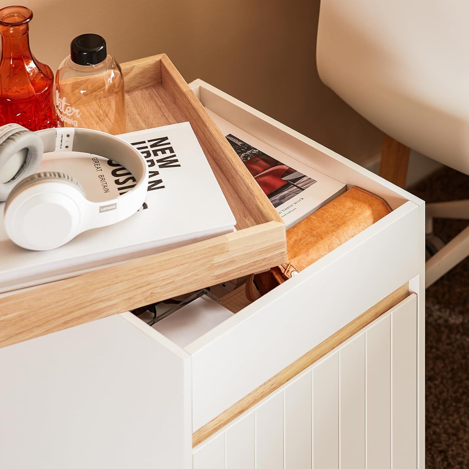 Office Filing Cabinet With Removable Tray - White And Natural
