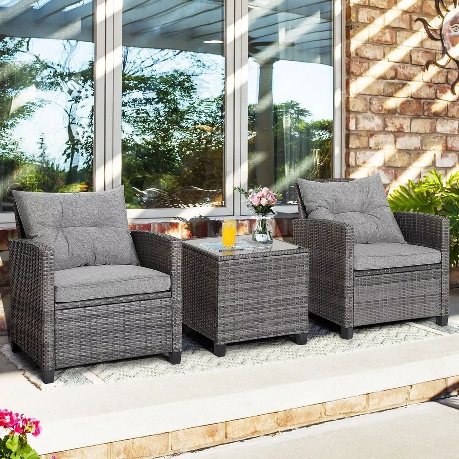 Modern 3 Piece Patio Rattan Bistro Set - Grey