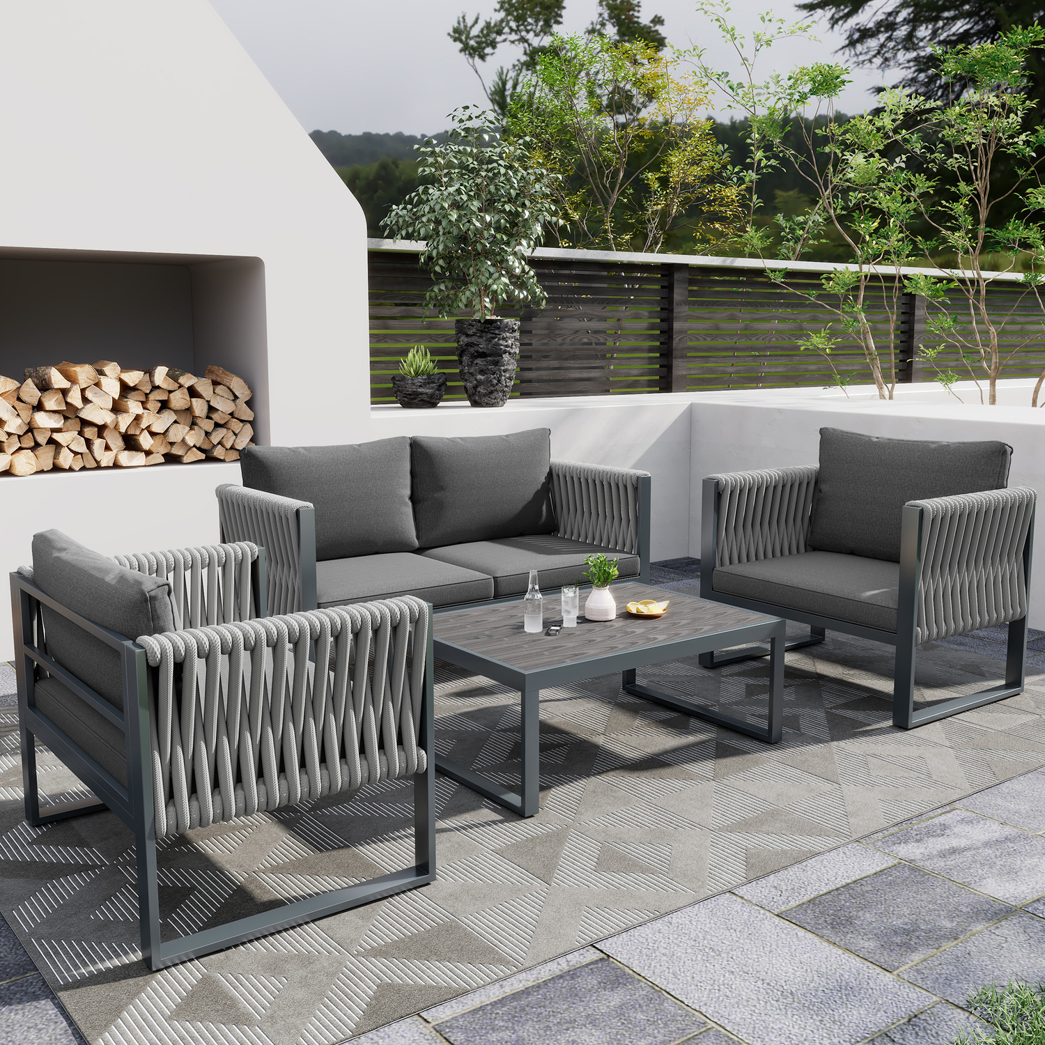 Outdoor Garden Furniture Set With Coffee Table - Grey