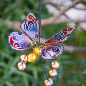 Garden Butterfly Gold Blue Glass Wings with Bobbin Bells Tree Hanger