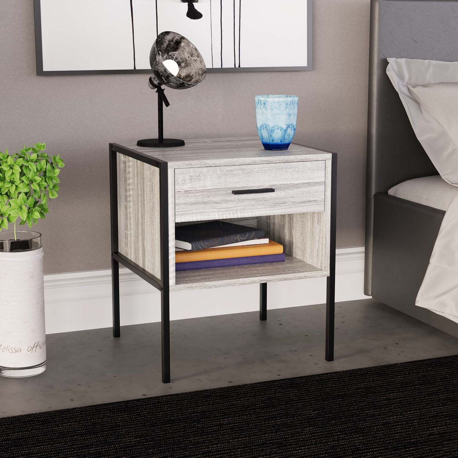 Brooklyn 1 Drawer Bedside Table Chest Nightstand - Dark Wood