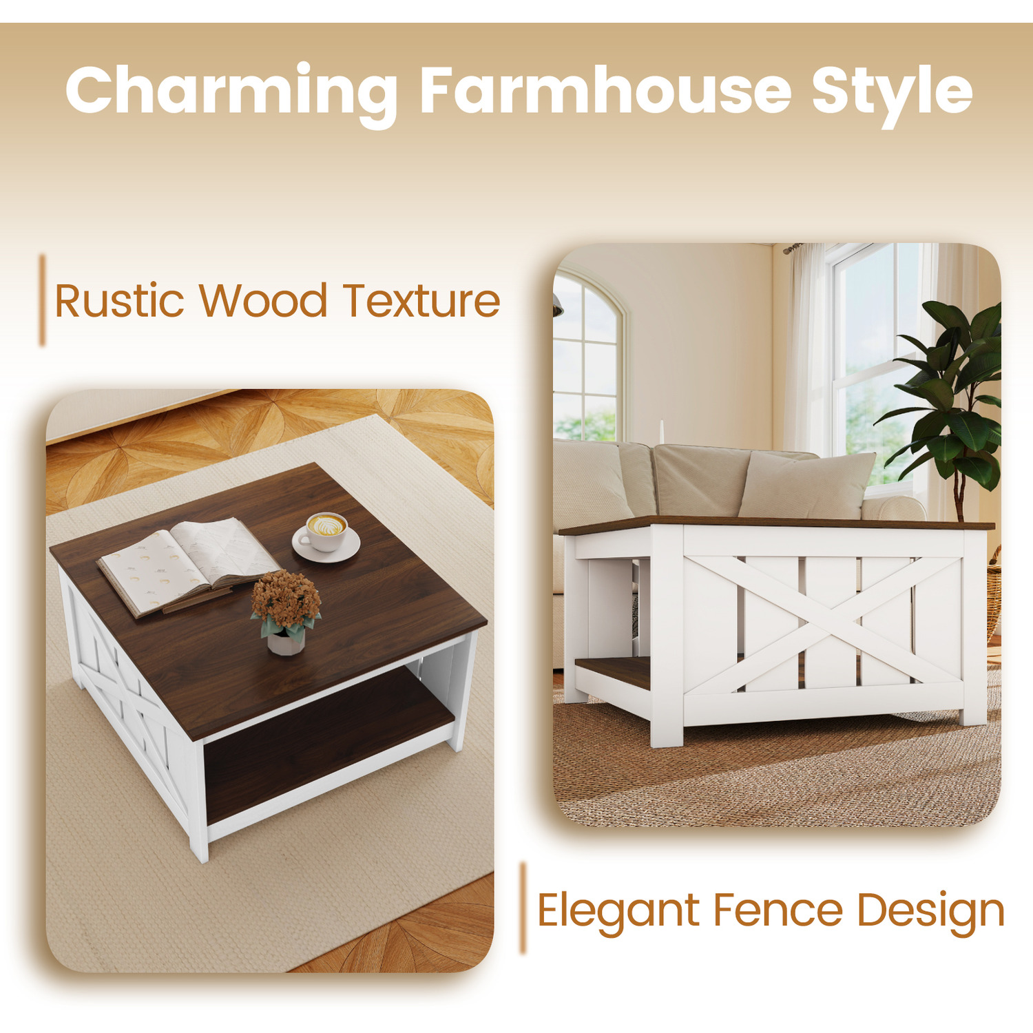 Wooden Square Coffee Table - White Brown