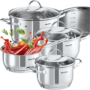 Saucepan Set Bologna, 4 Stainless Steel Pots, 3 Glass Lids, Induction Safe