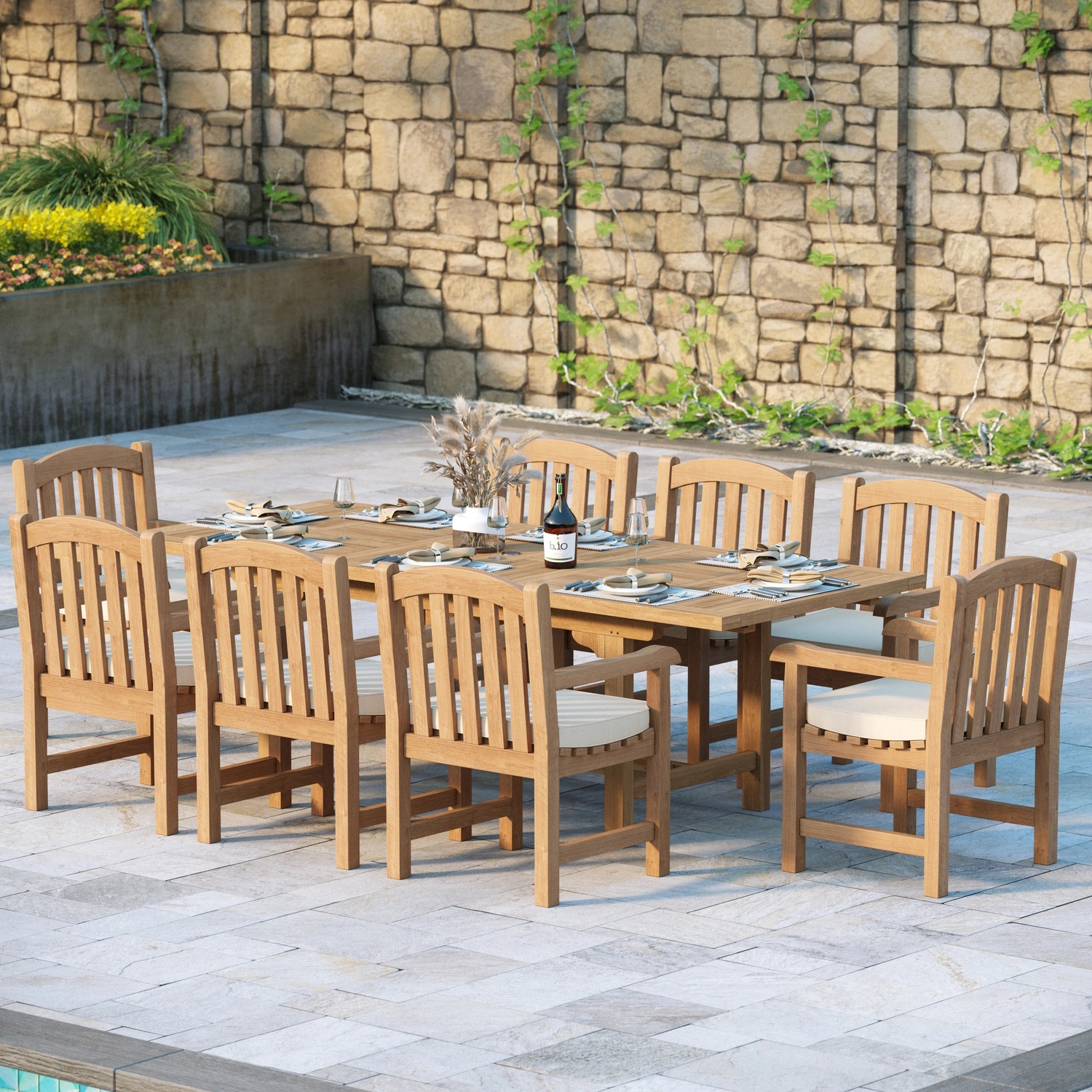 Oslo Teak Garden Dining Table And 8 Seat Chair Set - Teak Table 8 Chairs Cream Cushions