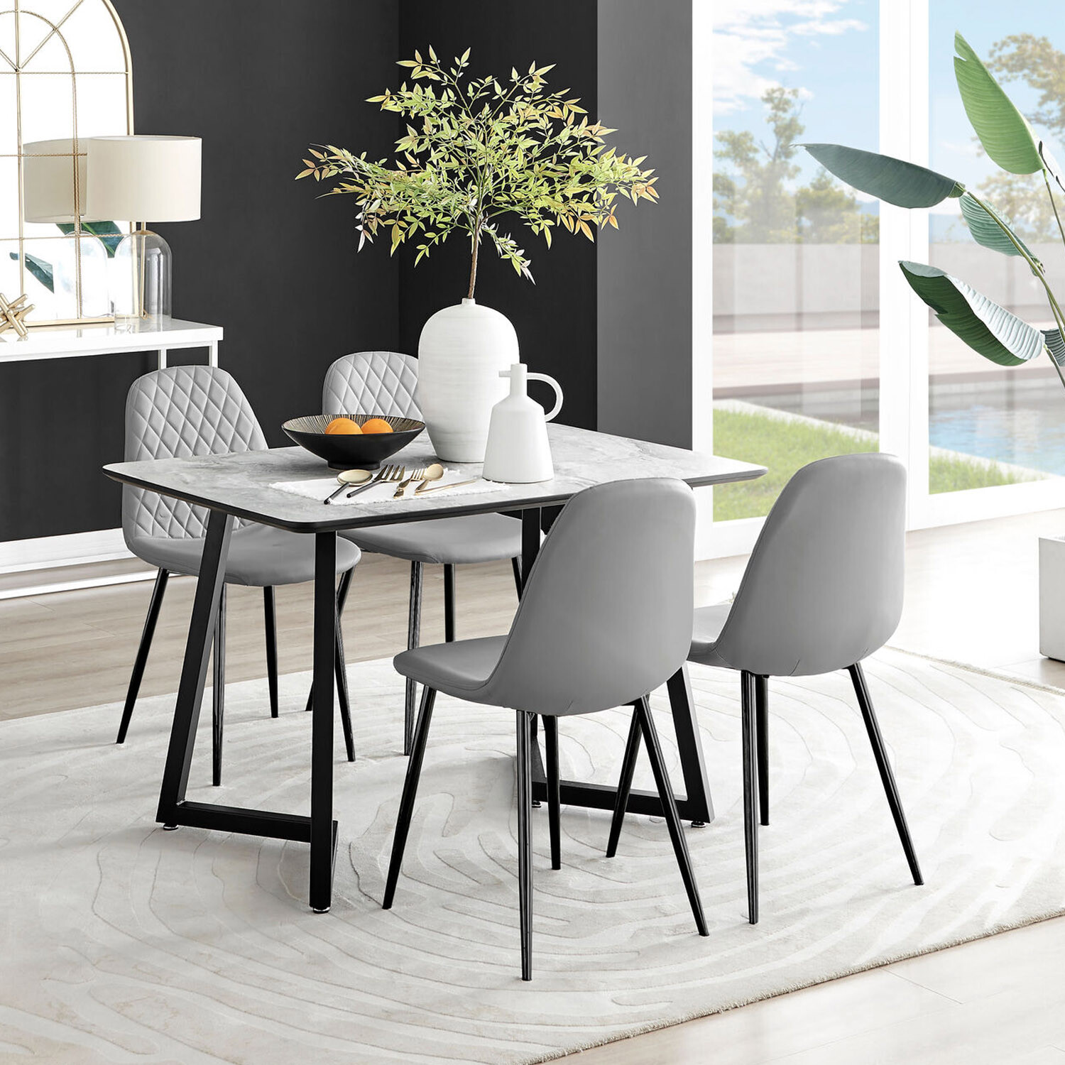 Furnitureboxuk Carson White Marble Effect Dining Table And 4 Corona Black Leg Chairs - Grey