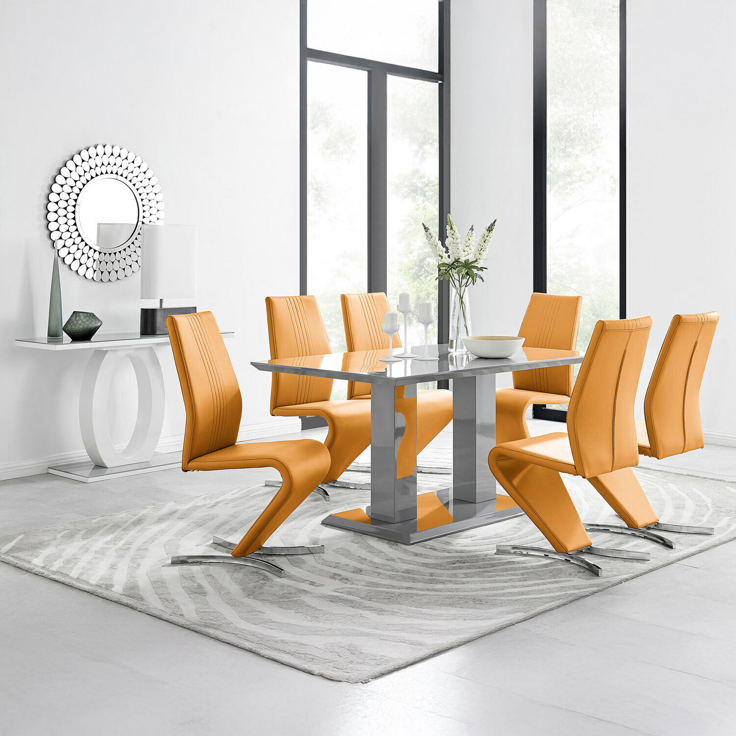 Imperia Grey High Gloss Dining Table with 6 Willow Chairs - Mustard
