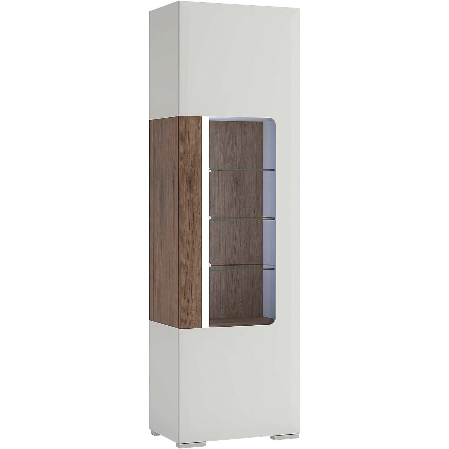 Porto Tall Gloss White and Oak Display Cabinet with Light and 4 Adjustable Shelves - Glossy White and Oak