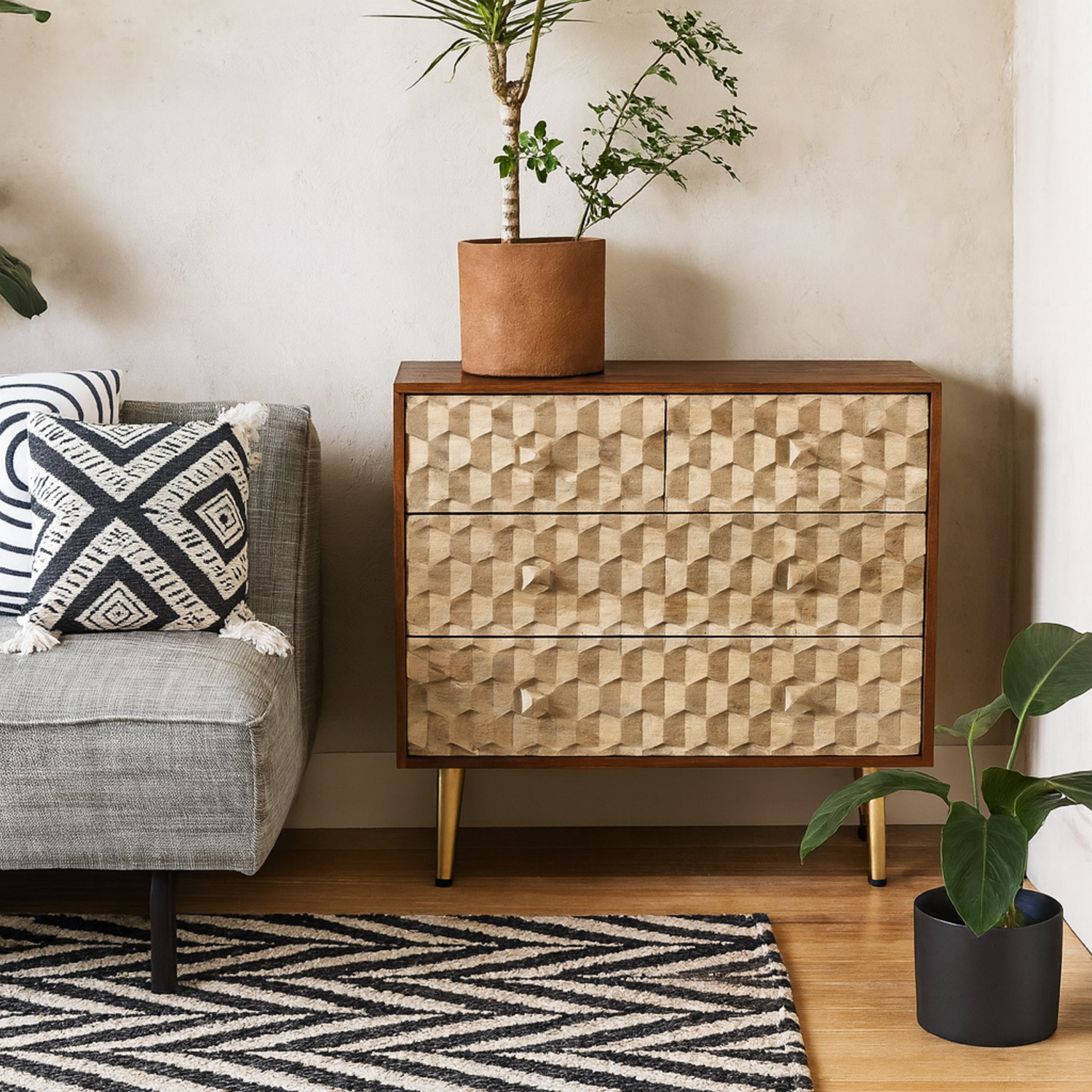 Beijing Mango Wood 4-Drawer Chest with Gold Geometric Pattern - Brown