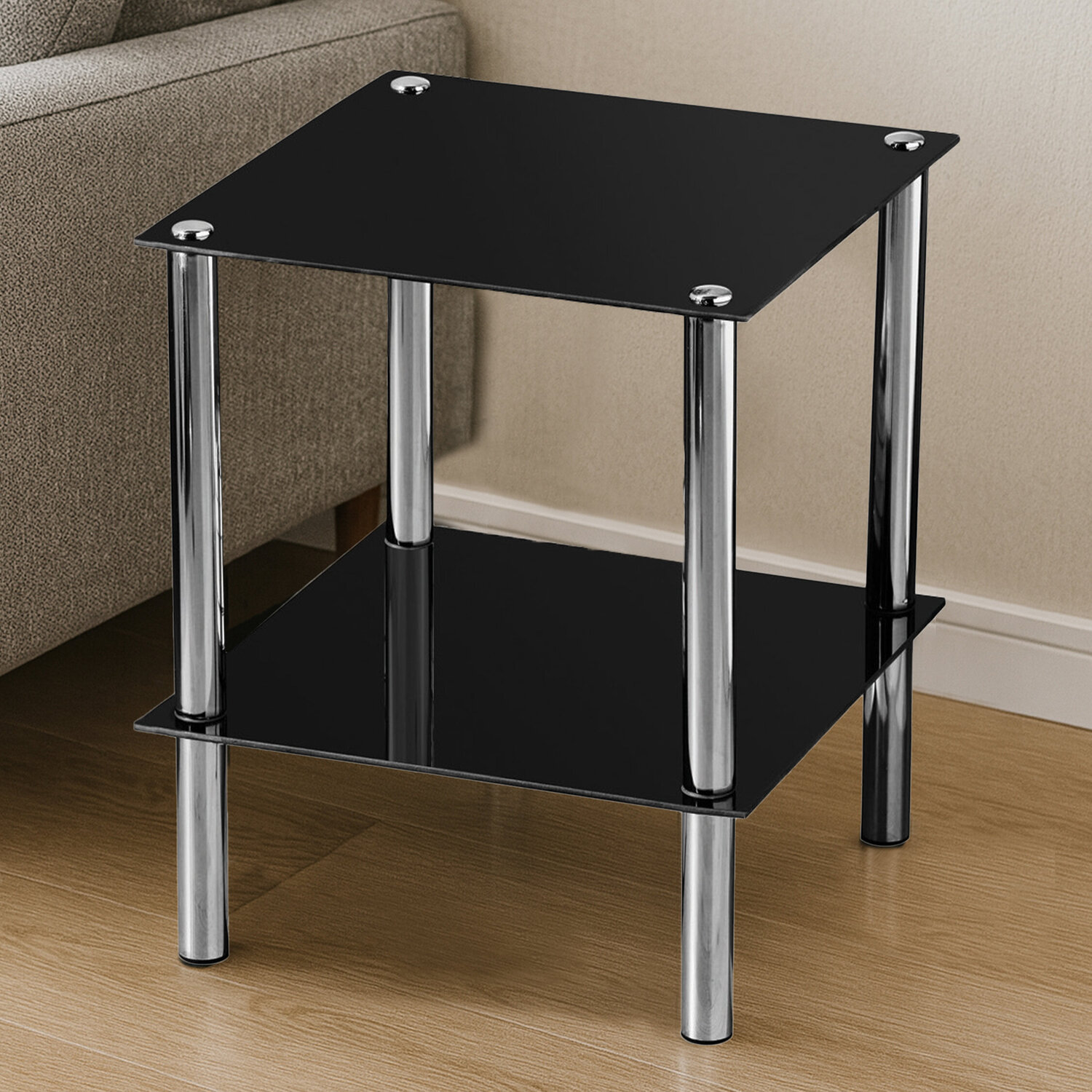 Adam 2 Tier Black Glass End Table - Black