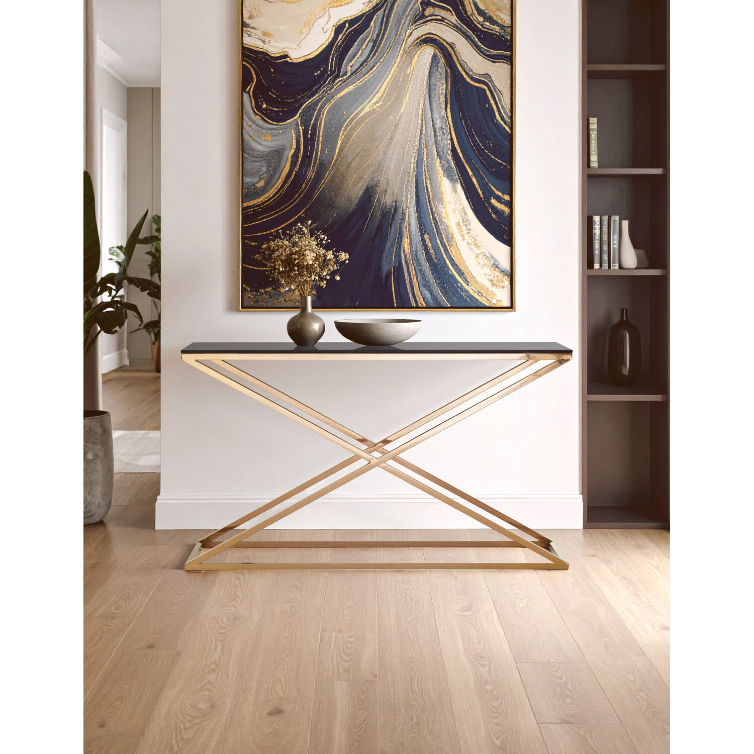 Montril Glass Top Criss Cross Console Table - Gold
