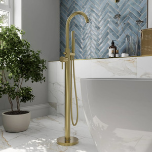 Modern Freestanding Bathroom Shower Bath Mixer Tap Handheld Hose Brushed Brass