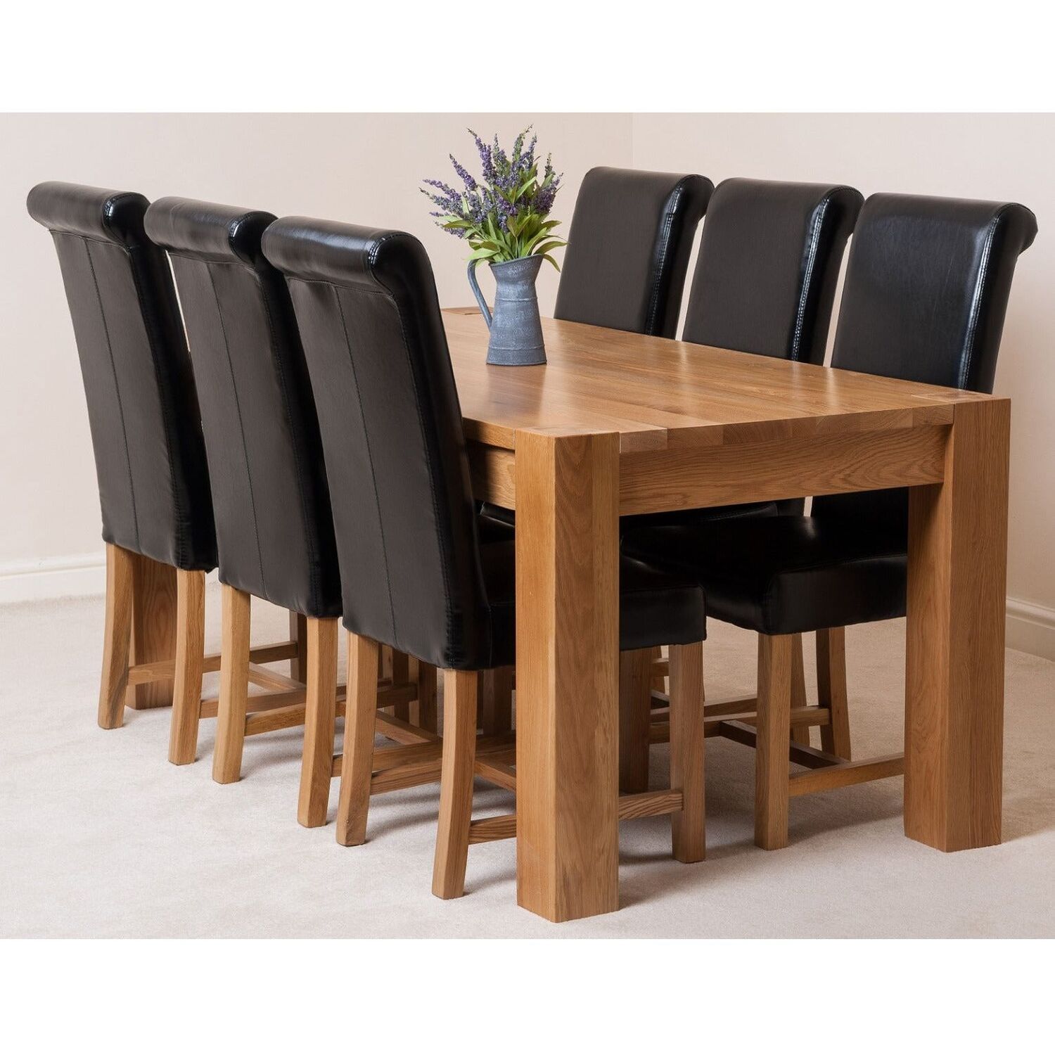 Thats Furniture Kuba 180 X 90 Cm Chunky Oak Dining Table And 6 Washington Leather Chairs - Black