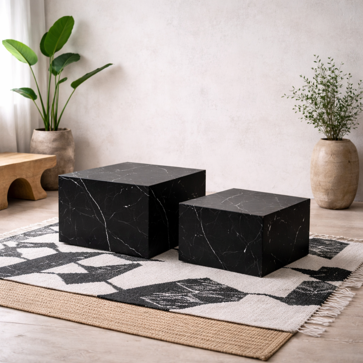 Lincoln Set of 2 Marquina Marble Effect Square Coffee Tables - Black