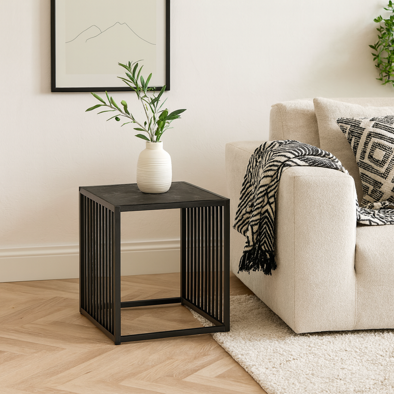 Porto Metal Side Table with Stone Effect Top - Black