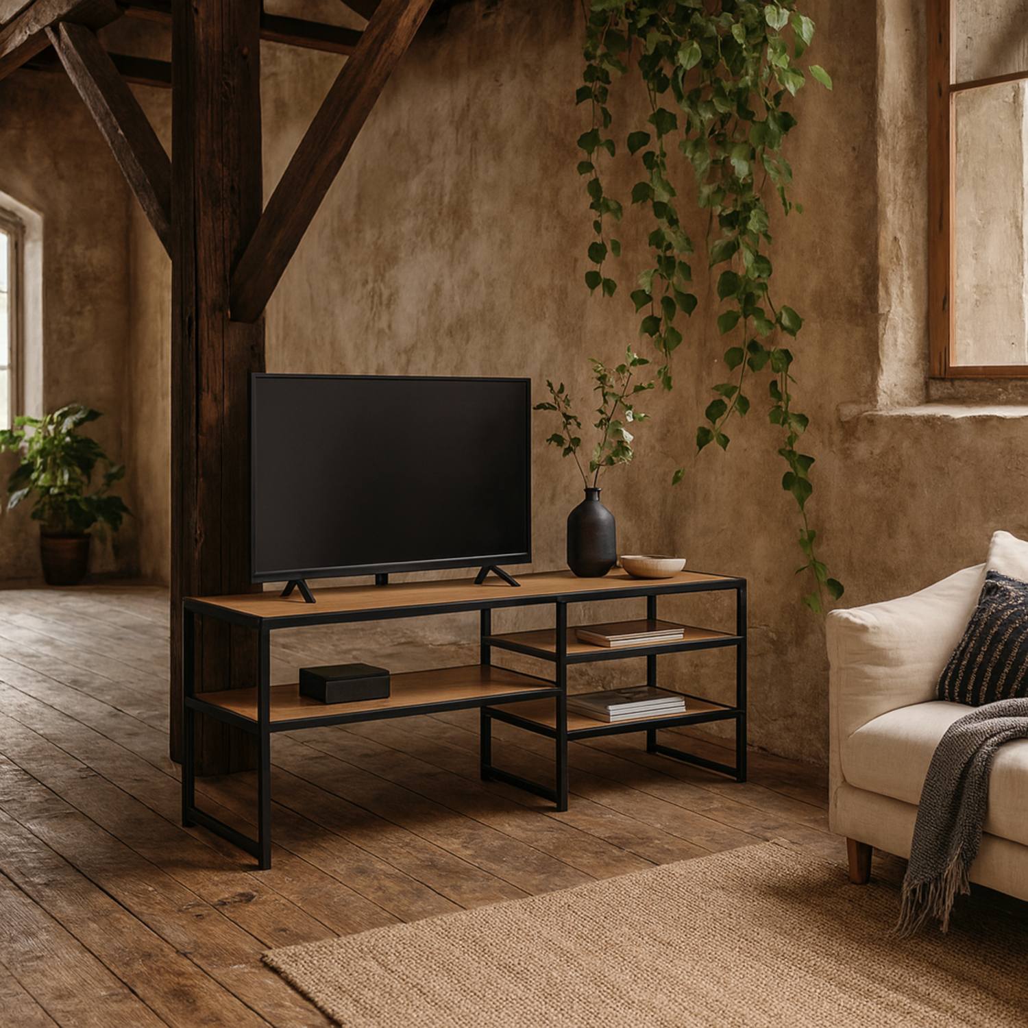 El Paso TV Unit Matt Steel Frame Wild Oak Effect 3 Shelves - Natural