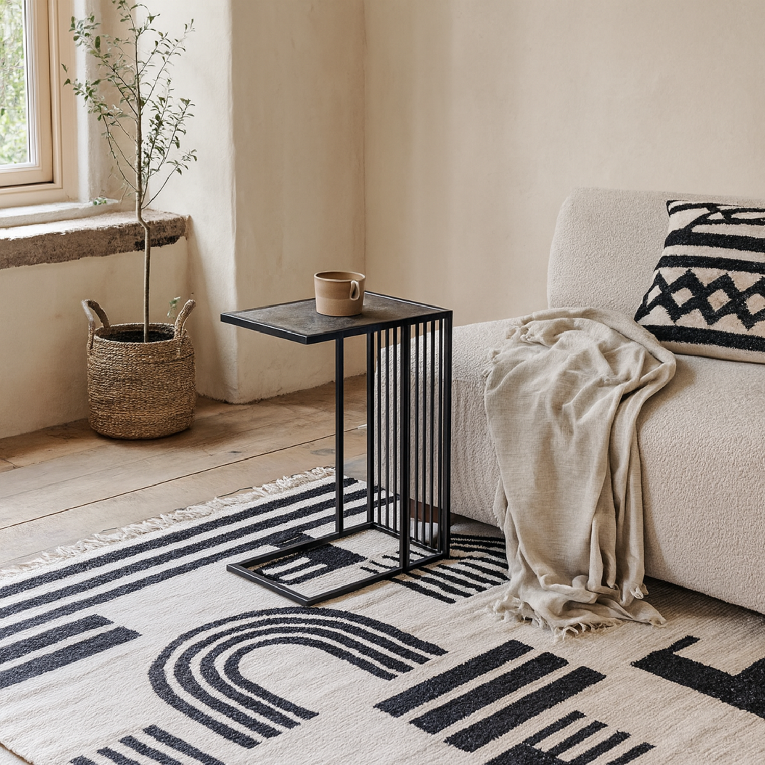 Porto C Shape Side Table Metal Frame Stone Effect Top - Black