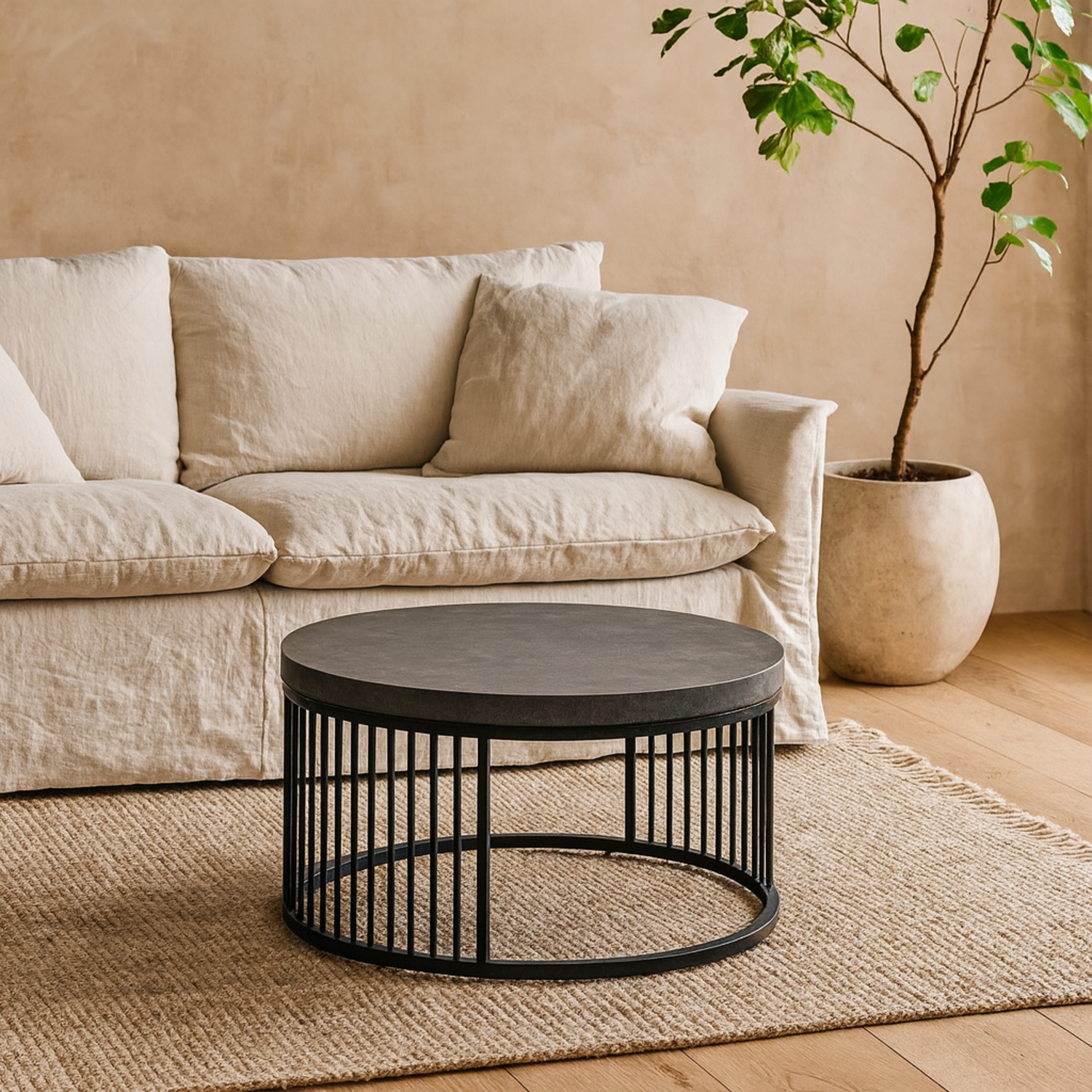 Dublin Round Coffee Table Marble Effect Top Matt Steel Base - Black