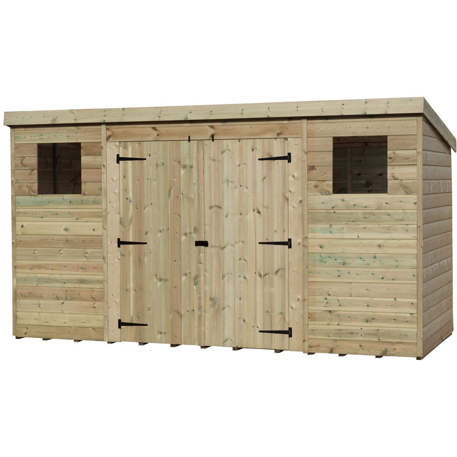 Empire 5000 12x3 Pent Garden Shed with a Central Double Door & 2 Windows - Green