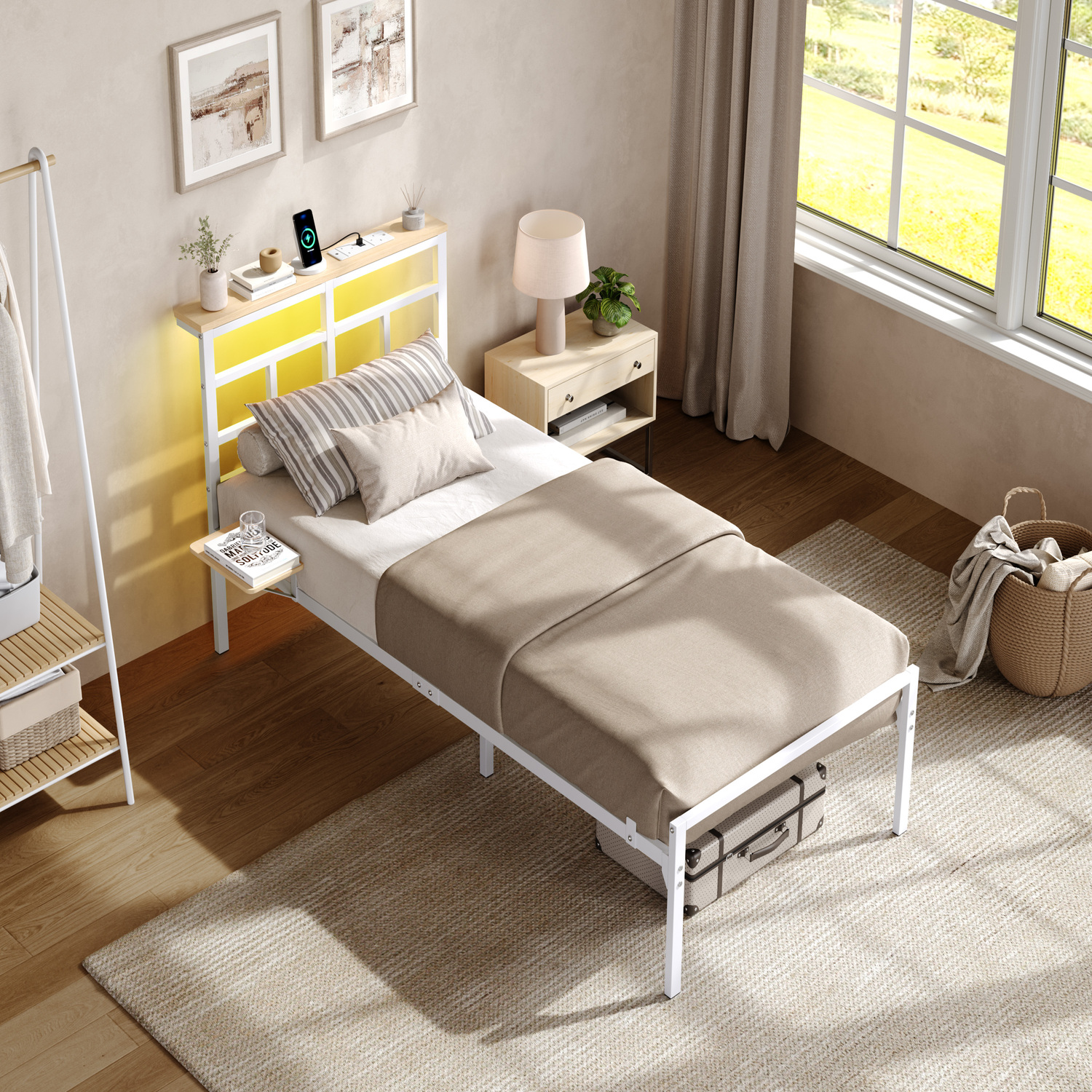 Yaheetech Metal Bed Frame With Led Headboard And Charging Station - White Single